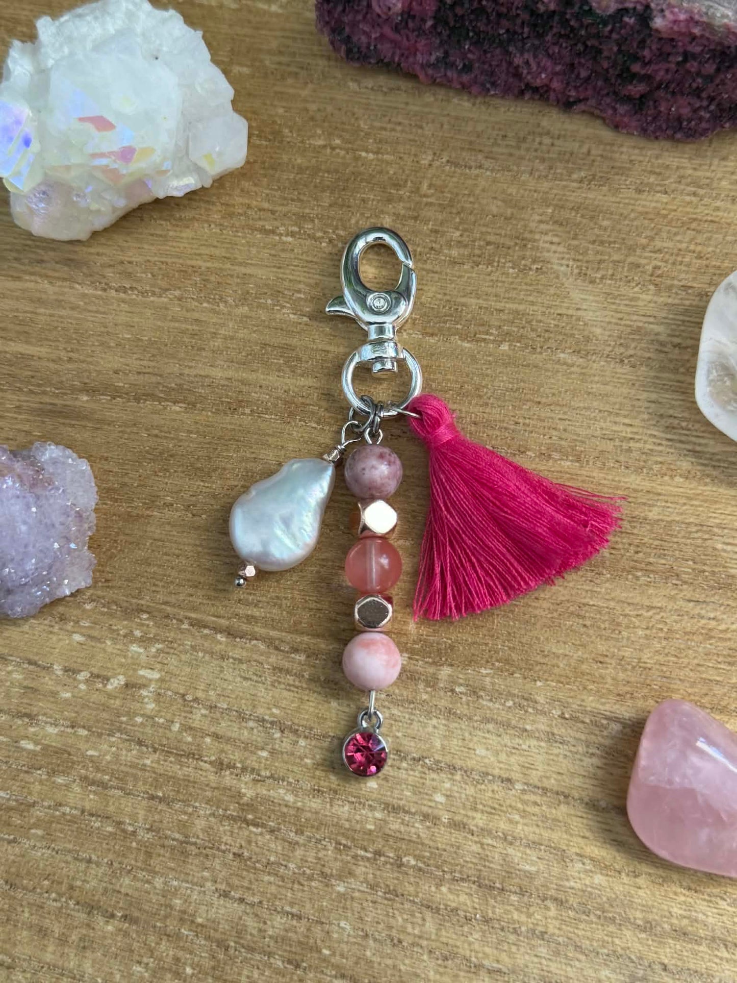 CHERRY QUARTZ & FRESHWATER PEARL KEYCHAIN