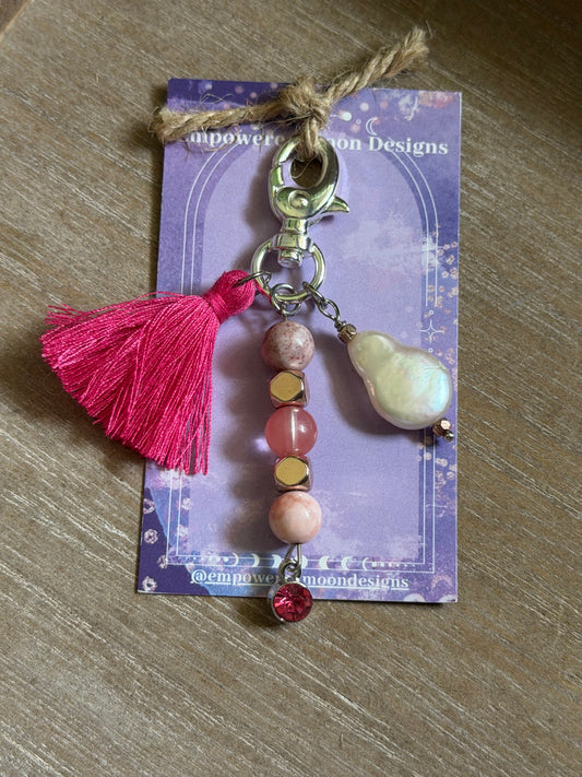 CHERRY QUARTZ & FRESHWATER PEARL KEYCHAIN